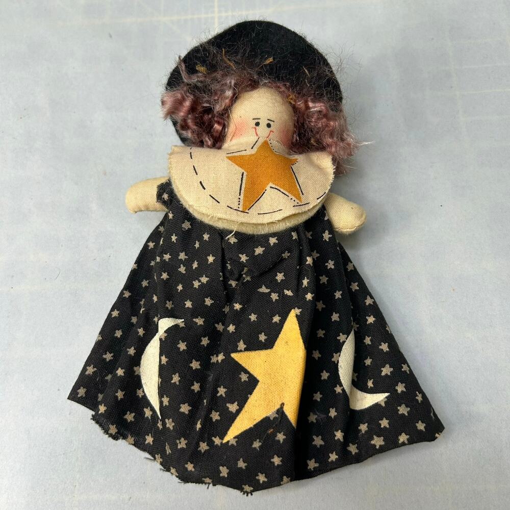 Primitive 7in Witch Fabric Doll Vintage Black Dress with Stars & Moon Halloween